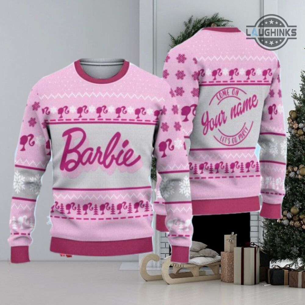barbie christmas sweater all over printed custom name barbie movie ugly xmas artificial wool sweatshirt for men women personalized barbie pink shirts barb doll gift laughinks 1