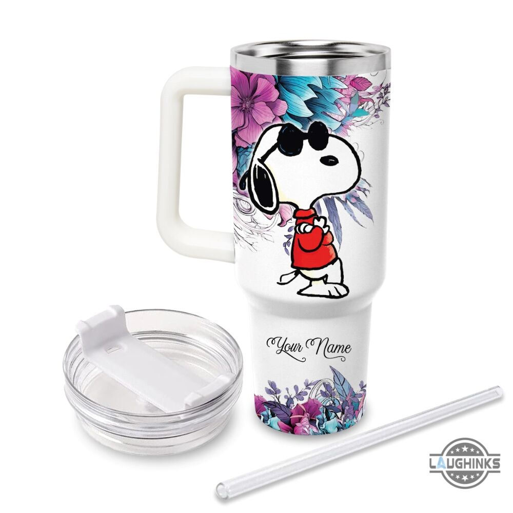 snoopy stanley cup 40 oz custom name just a girl who loves snoopy flower pattern 40oz stainless steel tumbler with handle and straw lid peanuts cups laughinks 1