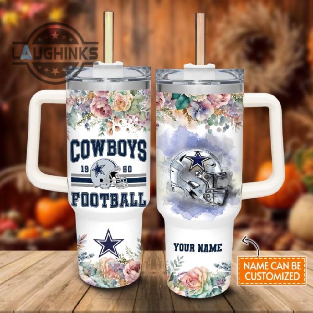 Custom Name Dallas Cowboys Helmet Flame Pattern 40Oz Stainless Steel Tumbler With Handle And Straw Lid 40 Oz Stanley Travel Cups
