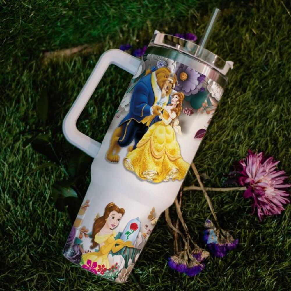 Custom Name Beauty And The Beast 3D Colorful Flower Sublimation Pattern 40Oz  Tumbler With Handle And Straw Lid Personalized 40 Oz Travel Stanley Cup  Dupe - Laughinks